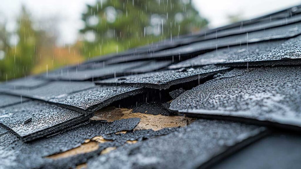 Roofing worker unrolls underlayment across a wood roof deck beside stacked shingles.